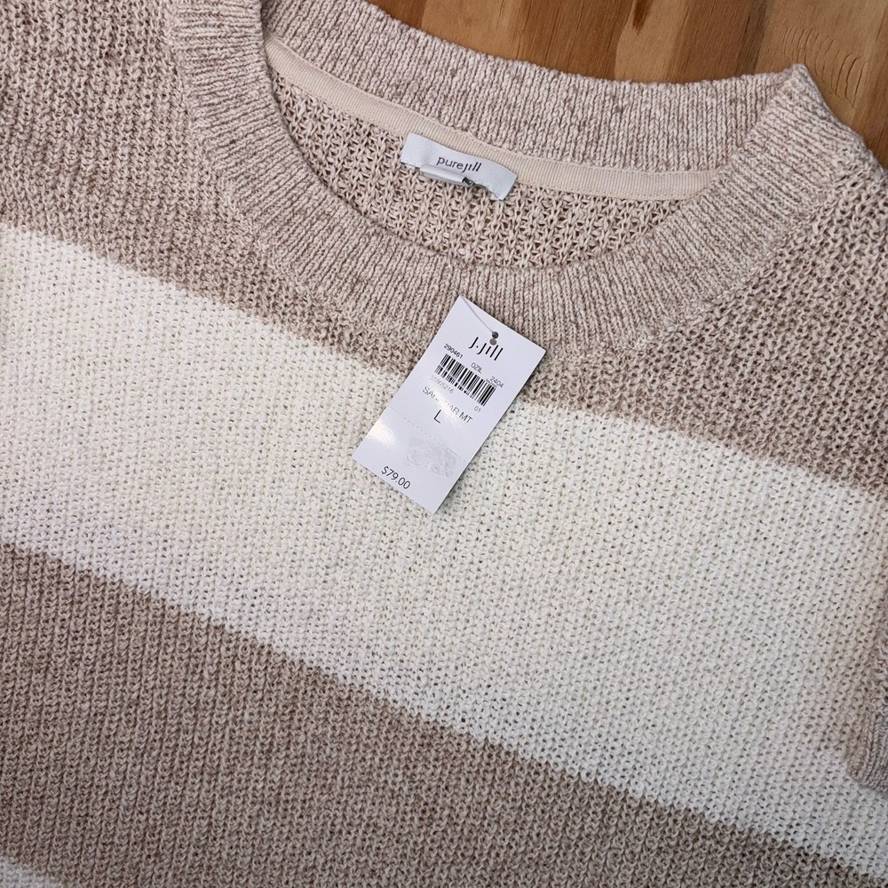 J Jill PureJill Large Tan Beige Striped‎ Short Sleeve Open Knit Sweater New